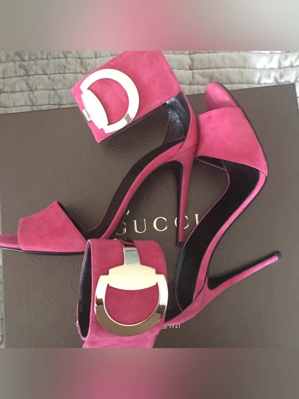 Pink Gucci Suede Rooney Ankle Cuff Horsebit Heels